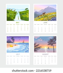 Calendar for 2023 with amazing nature and animals. Set of pages for 12 months of 2023. Week starts on Sunday. Vector illustration