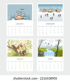 Calendar for 2023 with amazing nature and animals. Set of pages for 12 months of 2023. Week starts on Sunday. Vector illustration
