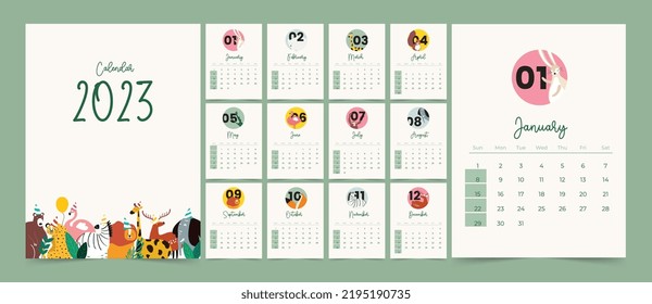 Calendar 2023 with animal. Covers and 12 month pages animal symbol, vector.