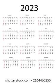 Calendar for 2023, the beginning of the week from Sunday. English text