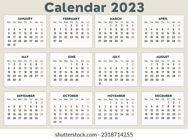 Calendar 2023 with beige background.