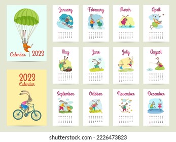Calendar 2023 with bunnies. Week starts from Sunday to Saturday. Cover and 12 months. The symbol of the Chinese New Year.