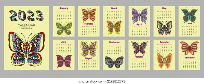 Calendar 2023 with butterfly in zentangle style. Week starts on Monday. A set of 12 pages and cover in size A3, A4, A5. Vector illustration in vertical format.