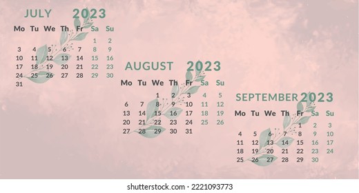 
Calendar 2023 by quarter.Months June August September.Week starts on Monday.