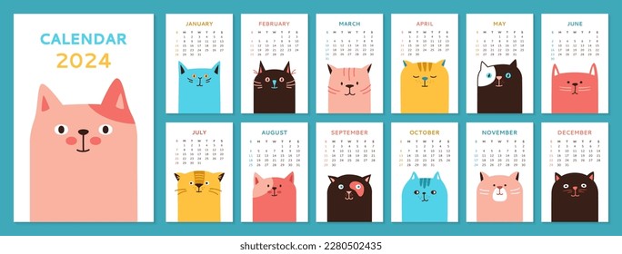 Calendario 2023 con dibujos animados Página de plantilla de gatos y juego de portadas. Tipografía del calendario mensual linda colección de mascotas de gatitos. Los gatos kawaii dibujados de manera divertida animan emociones diferentes. Vector de planificación de eventos de moda