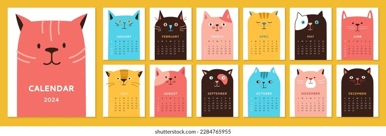 Calendar 2023 with cartoon Cats template set. Monthly calendar cute kitty pets collection. Funny drawn kawaii cats animal different emotions. Trendy event planner page and cover vector typography