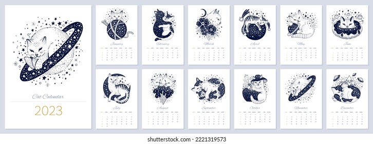 Calendar 2023  Cat chinese Zodiac design  Cute pet 2023 vintage animal template  Creative psychedelic vector  Month horoscope  Funny magic cartoon  Trendy new year astrology calendar  Sketch space cat