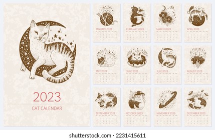 Calendar 2023. Cat chinese Zodiac design. Cute pet 2023 vintage animal template. Creative psychedelic vector. Month horoscope. Funny magic cartoon. Trendy new year astrology calendar. Sketch space cat