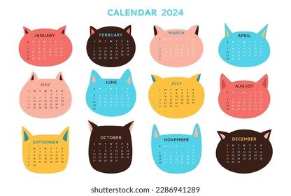 Calendar 2023 Cats head shape template set. Monthly calendar cute kitty pets muzzle collection. Funny kawaii cats animal simple planner. Trendy event page meow vector typography design for kid