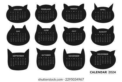 Calendar 2023 Cats head silhouette template set. Monthly calendar cute kitty pets shape muzzle collection. Funny kawaii cats animal simple planner. Trendy event page meow typography design for kid