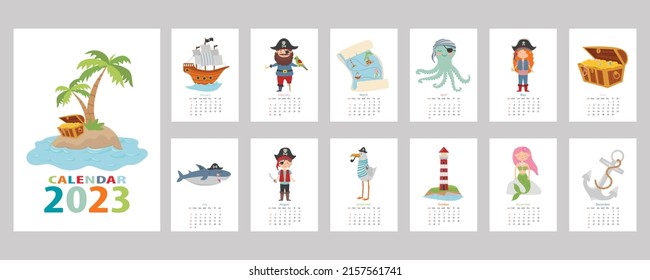 Calendar 2023. Children's colorful calendar with a pirate design. Pirate, treasure island, shark, octopus, seagull, mermaid, ship and lighthouse.
