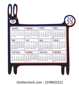 Calendar 2023. Chinese Year of rabbit. Vector calendar grid inscribed in a shape of rabbit. Week beginning on Sunday.