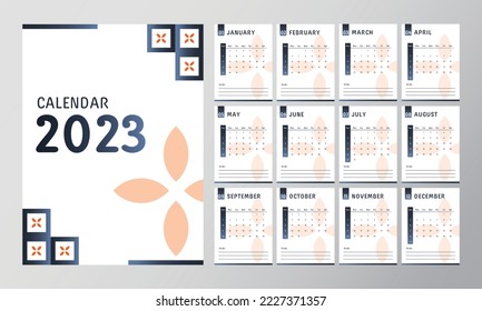 Calendar for 2023 with a classic minimalist blue design. White background and four-petal flower decoration