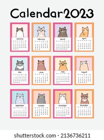 Colección Calendar 2023 con diseño vectorial de caracteres de gato de dibujos animados en diferentes orígenes de color.
