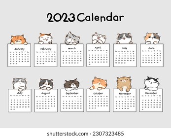 Calendar 2023 Collection with Vector Illustration of Hand Drawn Cartoon Cat Characters.