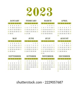 Calendar 2023. Color english square calender. January, February, March, April, May, June, July, August, October, November and December