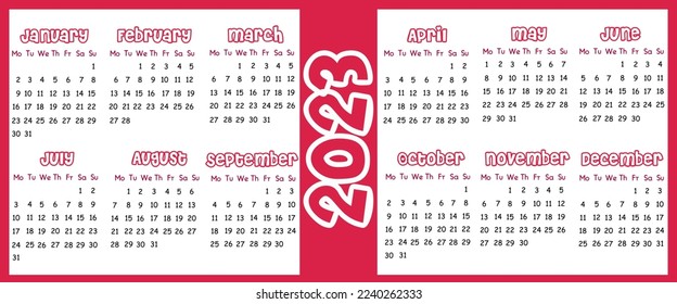 Calendar for 2023 in the color of 2023. Calendar template for printing in pink for 2023. Printing on textiles and paper.