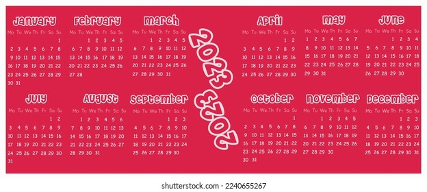 Calendar for 2023 in the color of 2023. Calendar template for printing in pink for 2023. Printing on textiles and paper.