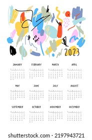 Calendar 2023 with colorful hand drawn abstract textures. Can be used for printable creative template and also like application for mobile phone, tablet, computer.