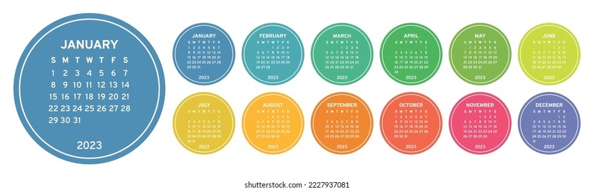 Calendar 2023. Colorful round calender. January, February, March, April, May, June, July, August, September, October, November and December