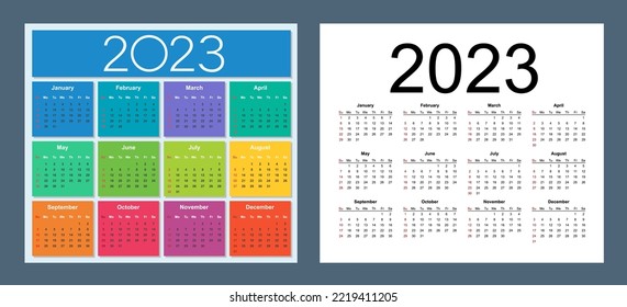 Calendar 2023. Colorful set. Week starts on Sunday. Vector template collection. Basic grid. Isolated illustration.