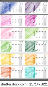 Calendar 2023 colorful watercolor for planner, stationery, Printing media, organizer office, diary, vector