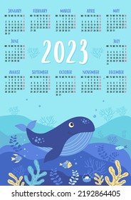 Calendar for 2023 with cute blue whale and underwater landscape. Vector illustration. Vertical template for 12 months, English. week starts on Monday. Stationery, printing, decor. sea background