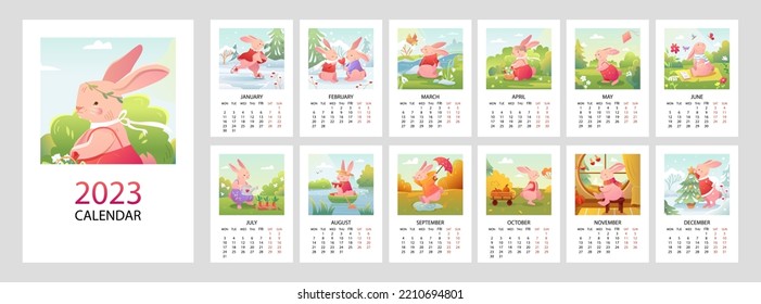 Calendar 2023 with cute bunny. Covers and 12 month vector pages rabbit character symbol year.  Seasonal vector illustration in cartoon style.