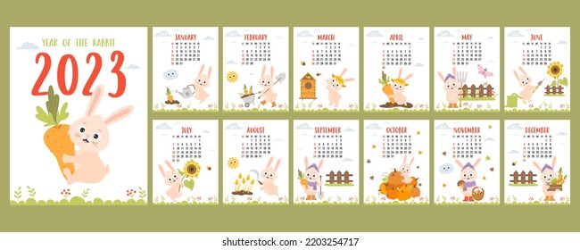 calendar 2023 with cute bunny farmer gardener. Printable planner, organizer 12 vertical monthly page templates and cover. Vector illustration. Week from Sunday in English. mascot year rabbit.