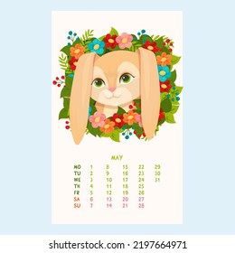 Calendario para 2023 con un lindo conejo. Conejo entre las flores. Mascotas. Amigos furtivos. Calendario de mayo al estilo de las caricaturas. Ilustración vectorial.