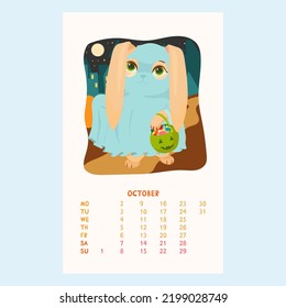 Calendario para 2023 con un lindo conejo. Un conejo con disfraz de fantasma. Mascotas de Halloween. Amigos furtivos. Calendario para octubre al estilo de las caricaturas. Ilustración vectorial.