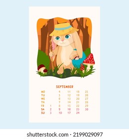 Calendario para 2023 con un lindo conejo. El Conejo en el sombrero recoge hongos. Mascotas. Amigos furtivos. Calendario de septiembre al estilo de las caricaturas. Ilustración vectorial.