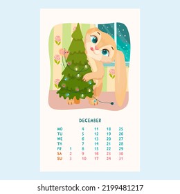 Calendario para 2023 con un lindo conejo. Un conejo decora un árbol de Navidad para las vacaciones. Mascotas. Amigos furtivos. Calendario para diciembre al estilo de las caricaturas. Ilustración vectorial.