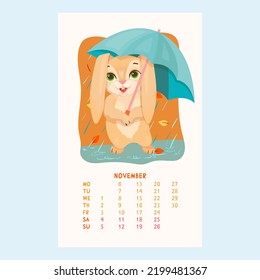 Calendario para 2023 con un lindo conejo. Un conejo con un paraguas azul camina bajo la lluvia. Mascotas. Amigos furtivos. Calendario para noviembre en forma de caricatura. Ilustración vectorial.