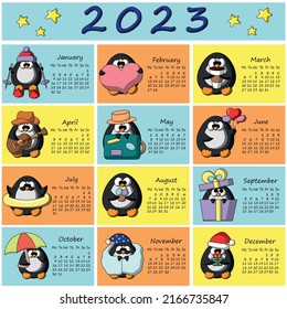 Calendar for 2023 with cute cartoon characters penguins