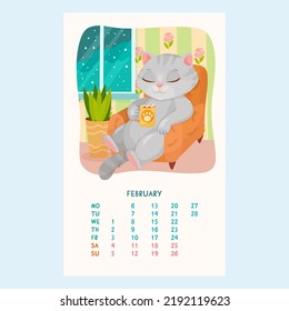 Calendario para 2023 con gatos lindos. Los gatitos beben cacao en una silla acogedora. Mascotas. Amigos furtivos. Calendario para febrero en estilo caricatura. Ilustración vectorial.