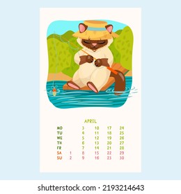 Calendario para 2023 con gatos lindos. Gatito está pescando en el muelle. Mascotas. Amigos furtivos. Calendario para abril en forma de caricatura. Ilustración vectorial.