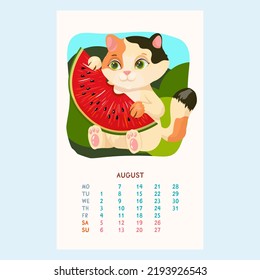 Calendario para 2023 con gatos lindos. El gatito se come una jugosa sandía. Mascotas. Amigos furtivos. Calendario para agosto al estilo de las caricaturas. Ilustración vectorial.