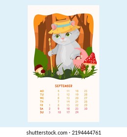 Calendario para 2023 con gatos lindos. El gatito del sombrero recoge hongos. Mascotas. Amigos furtivos. Calendario de septiembre al estilo de las caricaturas. Ilustración vectorial.