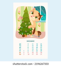 Calendario para 2023 con gatos lindos. Un gatito decora un árbol de Navidad para las vacaciones. Mascotas. Amigos furtivos. Calendario para diciembre al estilo de las caricaturas. Ilustración vectorial.