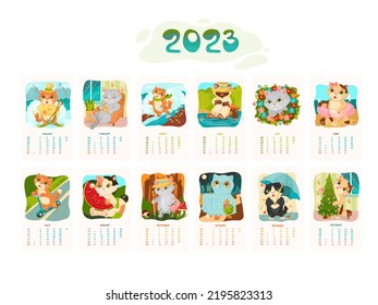 Calendario para 2023 con gatos lindos. Mascotas. Gatito. Amigos furtivos. Calendario al estilo de las caricaturas. Ilustración vectorial.