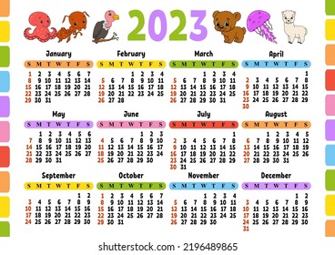 Calendario para 2023 con un personaje bonito. Diseño divertido y luminoso. Ilustración vectorial de color aislada. estilo de dibujos animados.