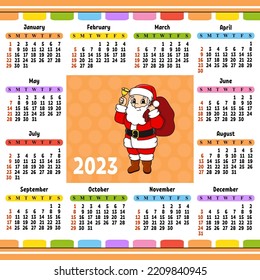 Calendar for 2023 with a cute character. Fun and bright design. Cartoon style. Vector illustration.