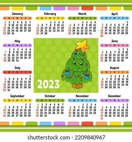 Calendar for 2023 with a cute character. Fun and bright design. Cartoon style. Vector illustration.