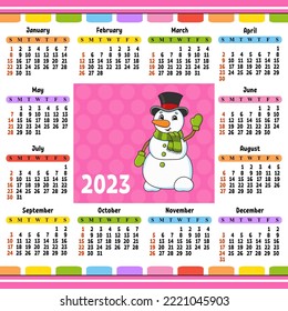 Calendar for 2023 with a cute character. Fun and bright design. Cartoon style. Vector illustration.