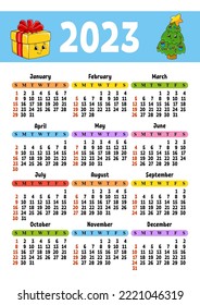Calendario para 2023 con un personaje bonito. Diseño divertido y luminoso. Estilo de caricatura. Ilustración vectorial.