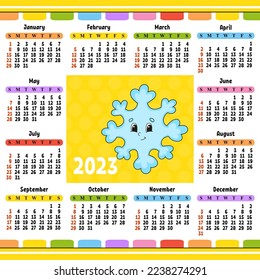 Calendar for 2023 with a cute character. Fun and bright design. Cartoon style. Vector illustration.