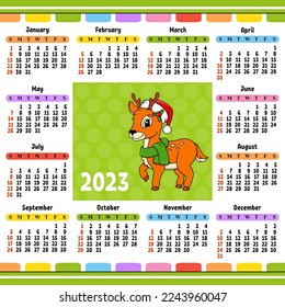 Calendar for 2023 with a cute character. Fun and bright design. Cartoon style. Vector illustration.