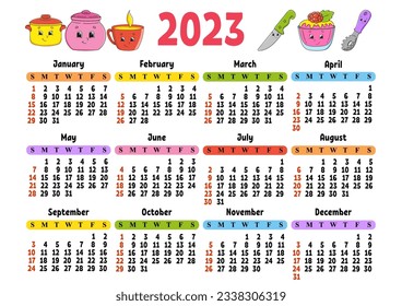 Calendar for 2023 with a cute character. Fun and bright design. Isolated color vector illustration. cartoon style.