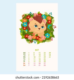 Calendario para 2023 con un lindo Hedgehog. Hedgehog entre las flores. Mascotas. Amigos furtivos. Calendario de mayo al estilo de las caricaturas. Ilustración vectorial.